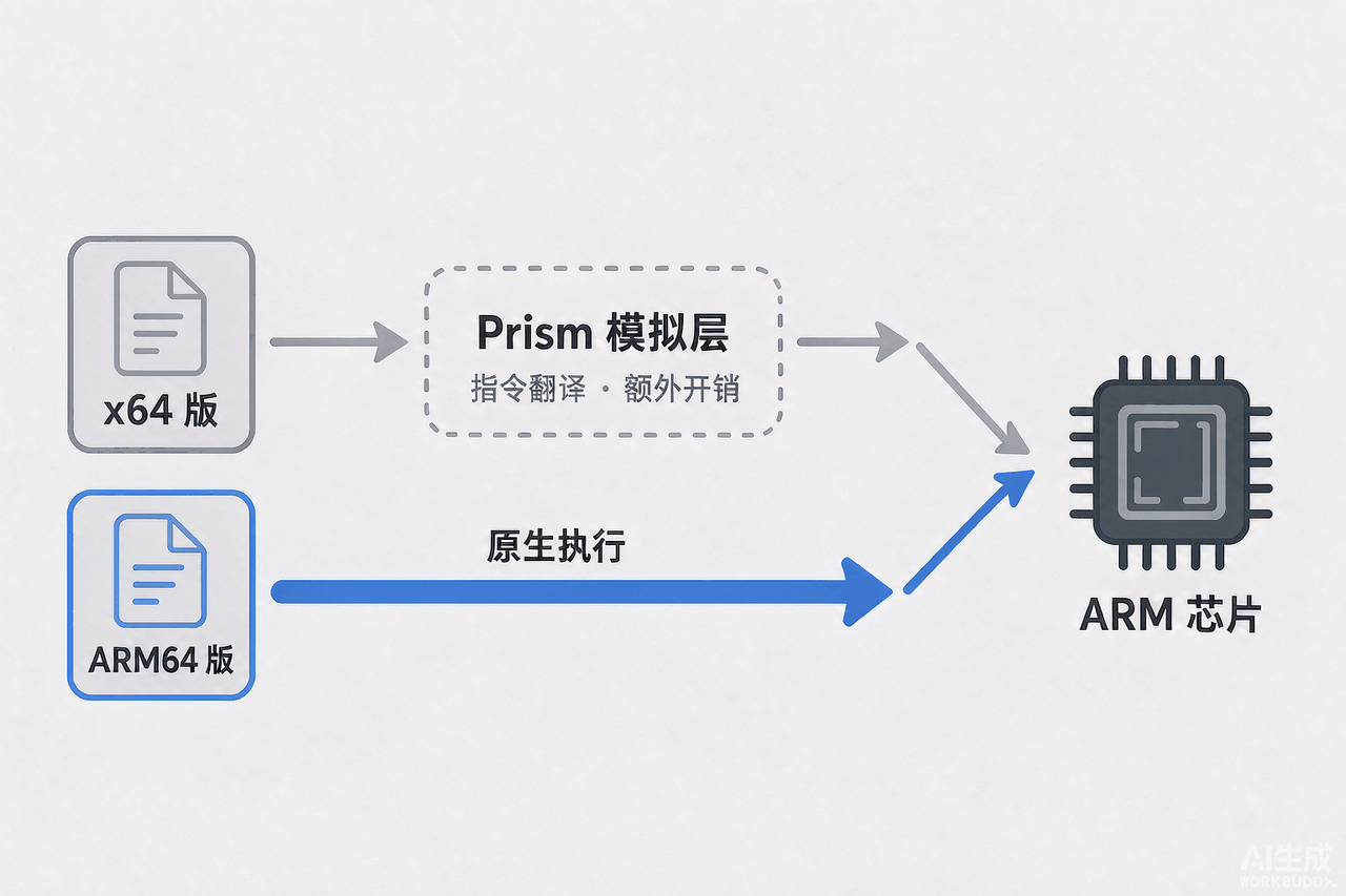 ARM64 原生版与 x64 经 Prism 模拟运行的执行路径对比：原生版直达 ARM 芯片，x64 版需经模拟层翻译